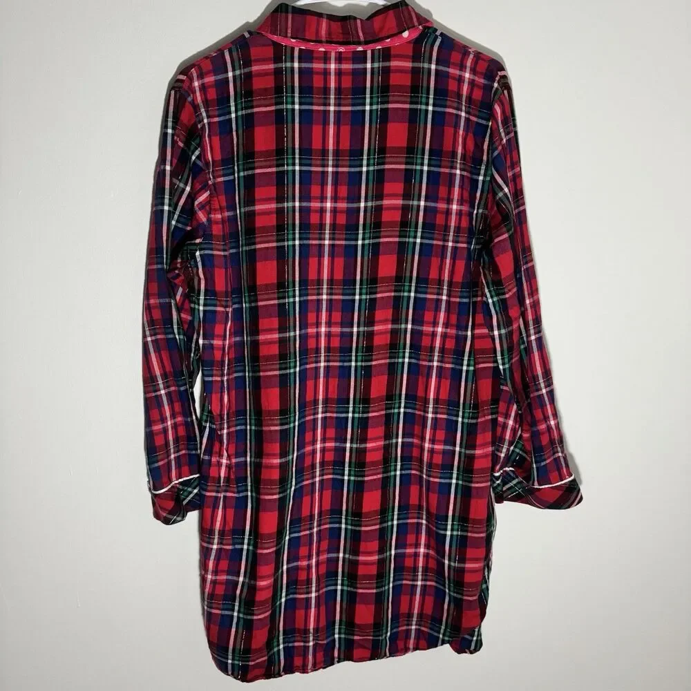 Victoria's Secret Plaid Flannel Sleep Shirt Button Down Nightgown Red Tartan